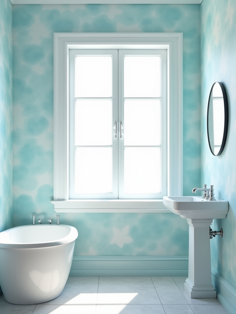 Pastel bathroom with soft blue watercolor wallpaper and white pedestal sink.