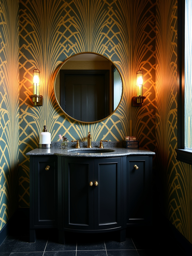 Art Deco bathroom with gold and teal geometric fan wallpaper and black vanity.