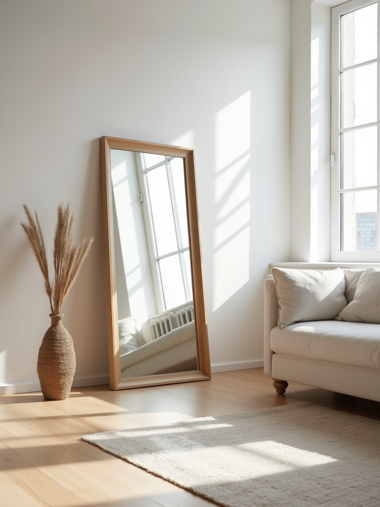 Large floor mirror leaning against a wall in a bright apartment bedroom, reflecting natural light and creating a sense of spaciousness.
