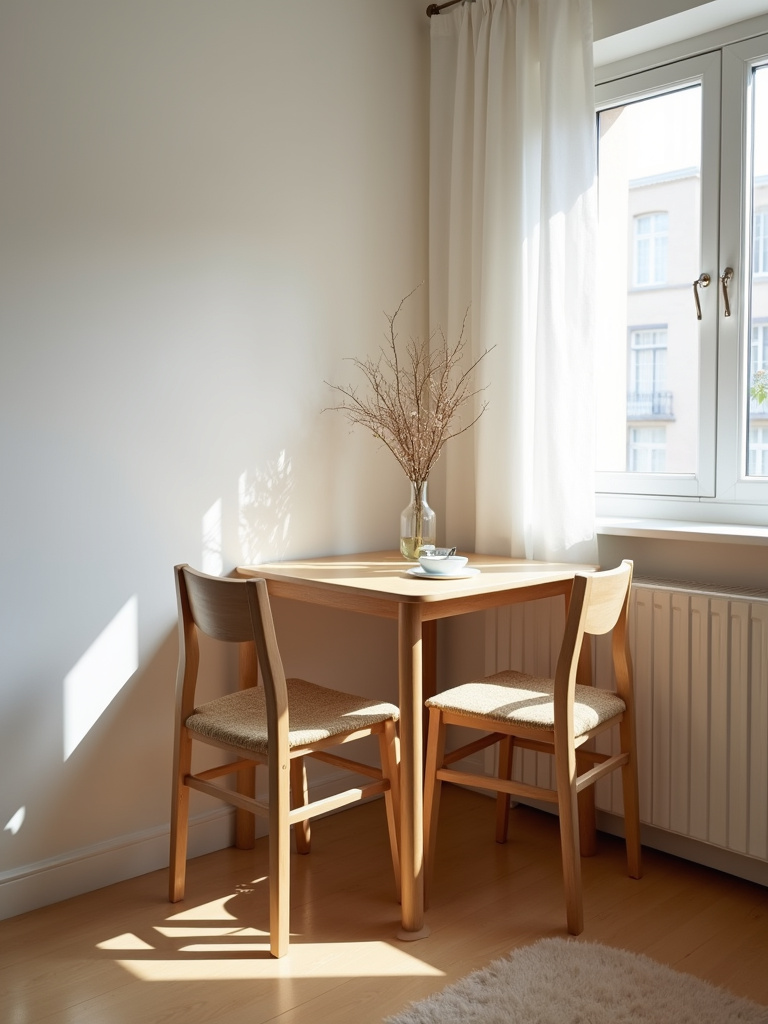 Compact living space with a space-saving square dining table, two chairs, and minimalist decor in a corner nook.