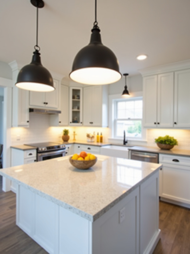 White kitchen island with statement pendant lighting hanging above, showcasing the pendant lights as a focal point and source of warm illumination.