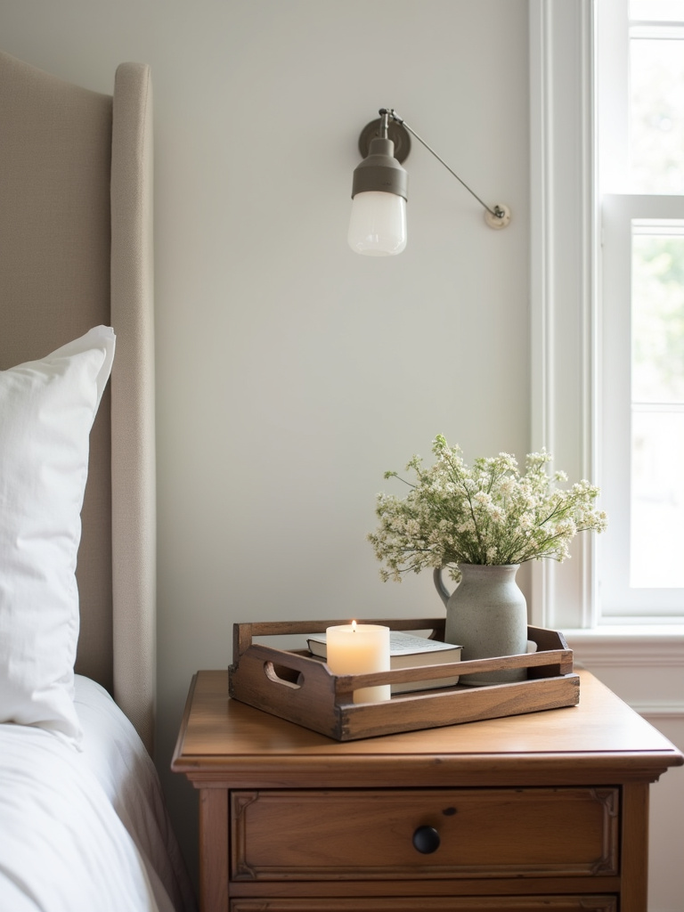 Close-up view of a vintage wooden tray on a farmhouse bedroom nightstand, styled with a candle, a small vase of flowers, and a book, highlighted by soft side lighting, emphasizing the tray and its decorative arrangement.