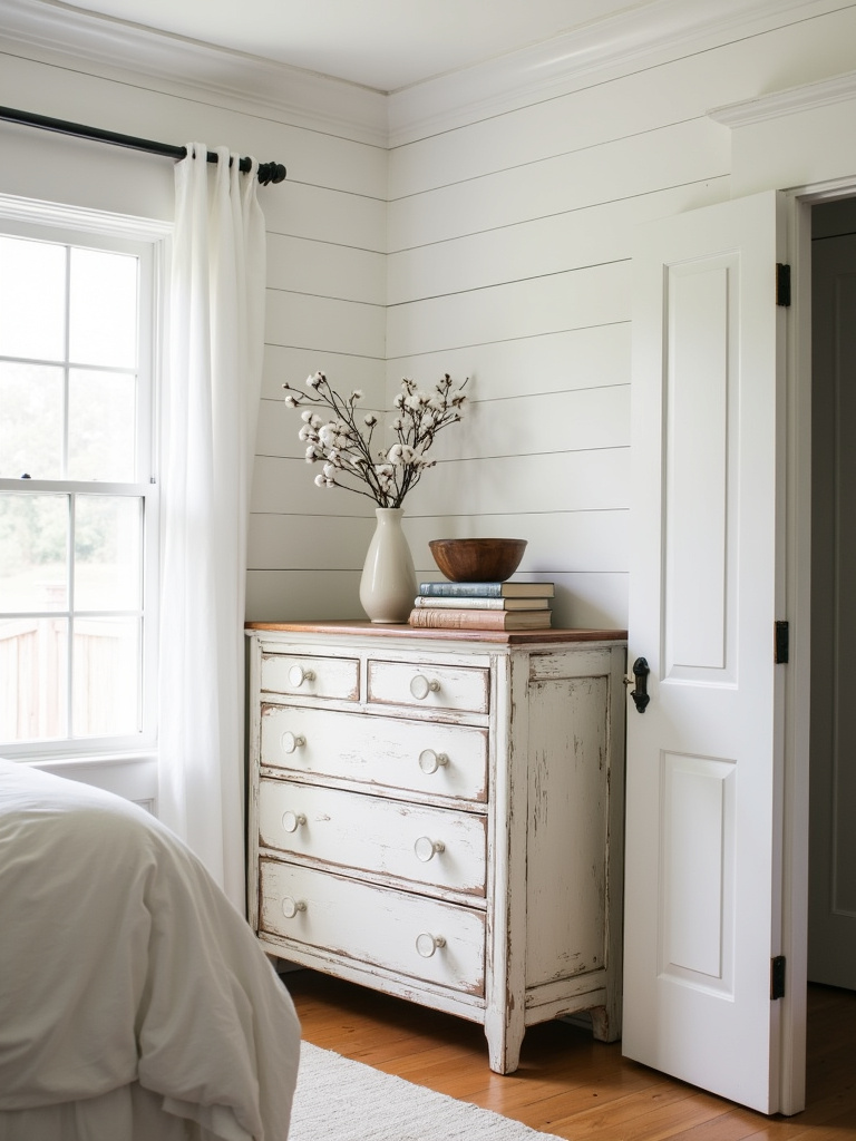 Farmhouse bedroom featuring a distressed white wood dresser styled with vintage books, cotton stems in a vase, and a wooden tray, set against white shiplap walls and a neutral rug, bathed in soft daylight.