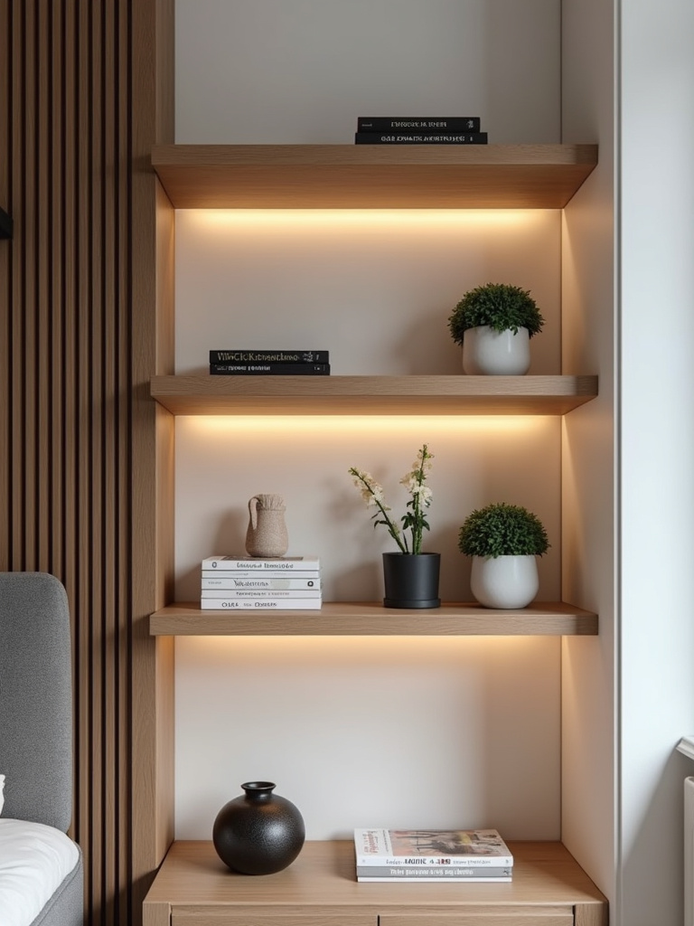 Stylish floating shelves on a bedroom wall, displaying books, plants, and decorative objects.