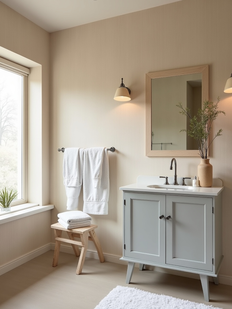 Tranquil bathroom with soft beige textured wallpaper and light grey vanity.