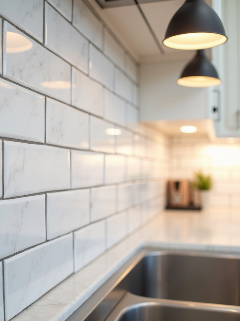 Classic white kitchen subway tile backsplash with light grey grout, showcasing its timeless pattern and clean lines in a warm and inviting white kitchen.