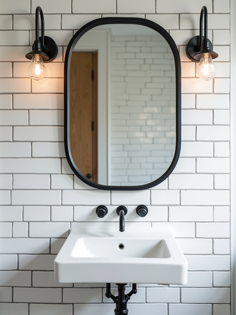 Industrial bathroom featuring white subway tile walls with dark grey grout, highlighted by a black metal framed mirror above a minimalist white vanity and industrial sconce lighting.