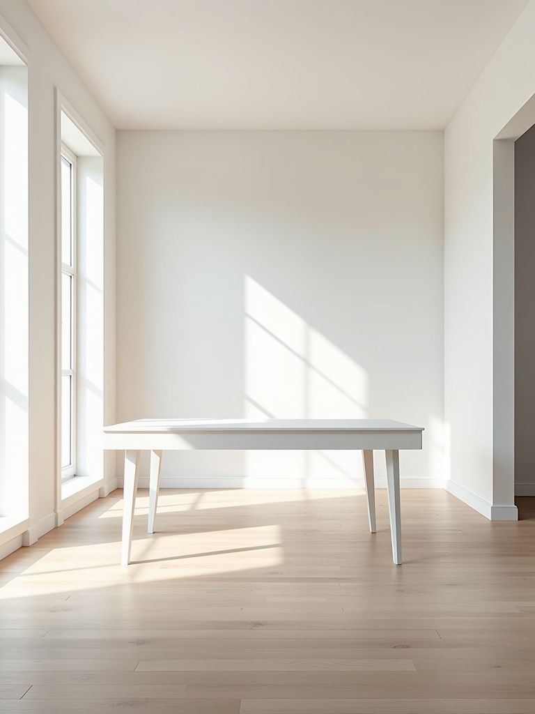 Bright minimalist dining room with a white rectangular dining table, light wood floors, and white walls bathed in natural daylight.