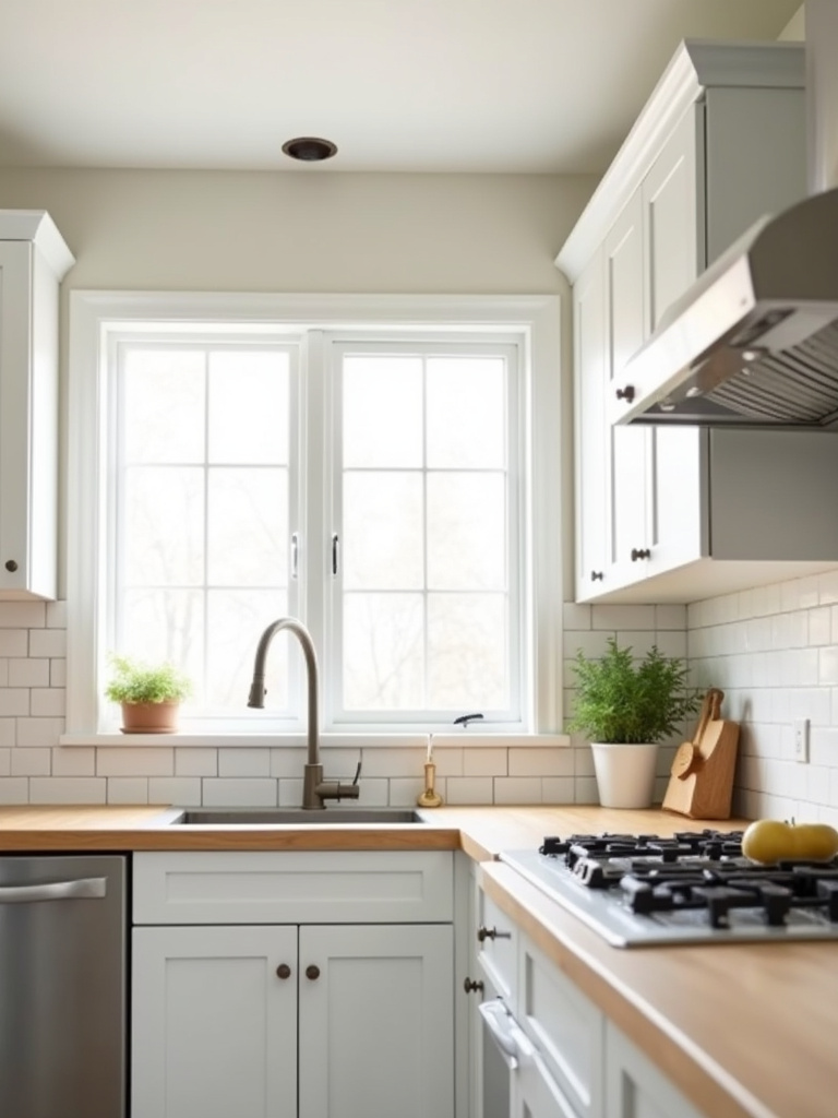 Bright and airy kitchen with freshly painted white cabinets and natural light