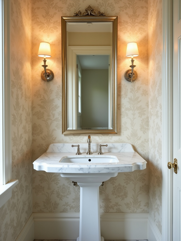 Elegant bathroom with cream and gold damask floral wallpaper and a traditional pedestal sink.