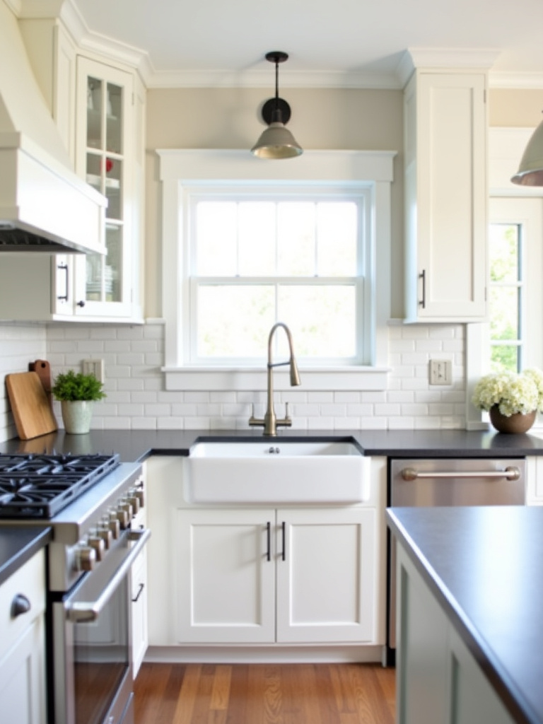 Bright farmhouse kitchen with white shaker cabinets and a classic white subway tile backsplash with light gray grout.