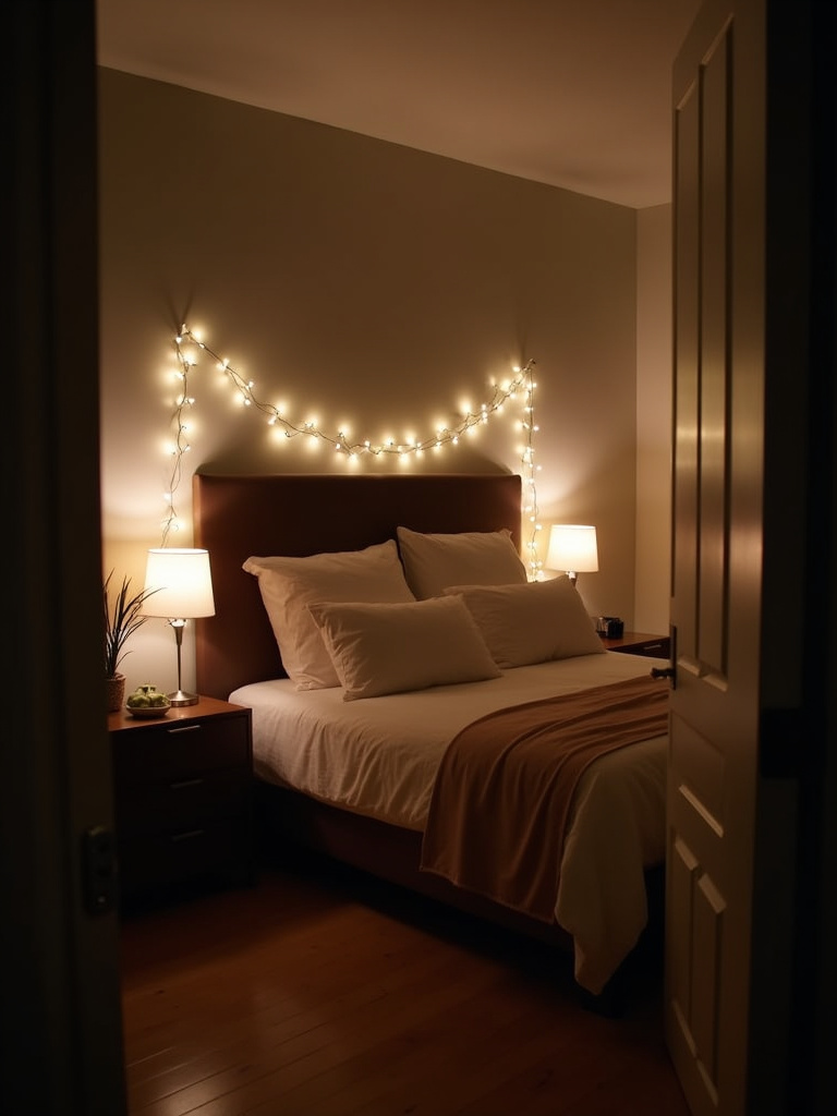 Cozy apartment bedroom illuminated by soft bedside lamps and twinkling string lights draped across the headboard.