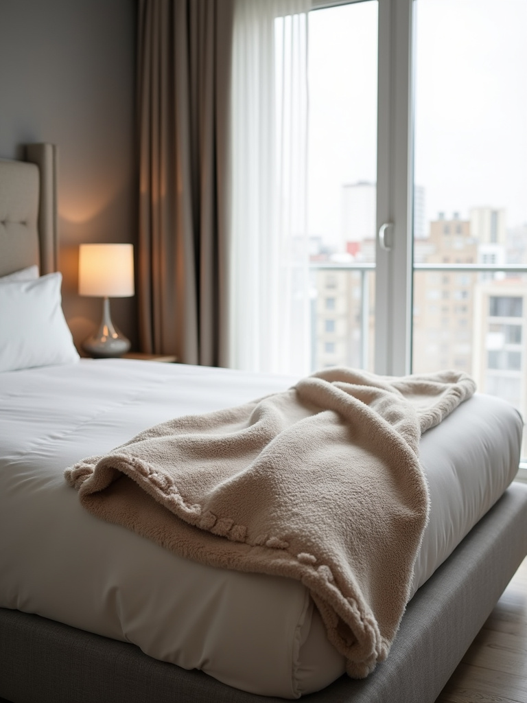 Plush, ultra-soft throw blanket draped over the end of a neatly made bed in a modern apartment bedroom.
