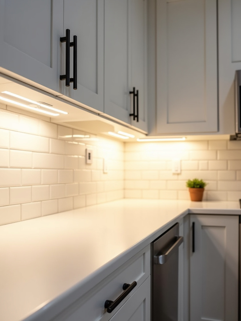 Functional white kitchen countertop illuminated by warm white LED under-cabinet lighting, highlighting the importance of task lighting in a white kitchen design.