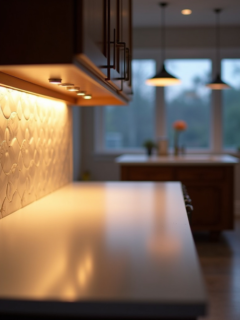 Kitchen at dusk with warm under-cabinet LED lighting illuminating countertops.