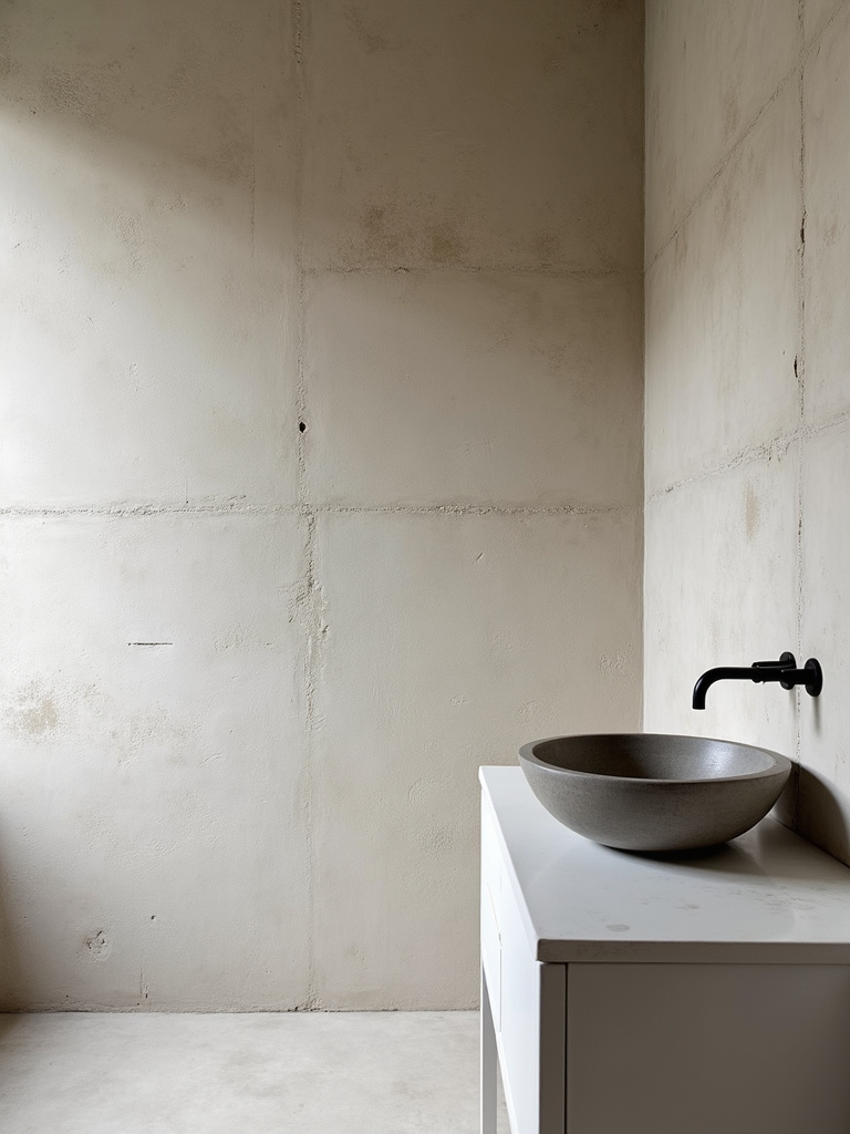 Industrial bathroom highlighting unfinished plaster walls with natural texture variations, complemented by a minimalist white vanity, concrete vessel sink, and black faucet under soft side lighting.