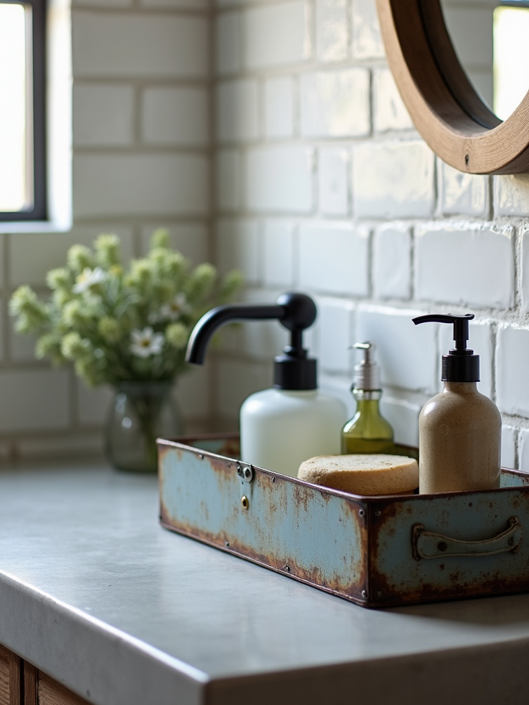 Industrial bathroom detail showcasing an upcycled metal toolbox used as a bathroom organizer on a concrete countertop, accompanied by a vintage industrial style soap dispenser and subway tile backsplash under soft natural light.