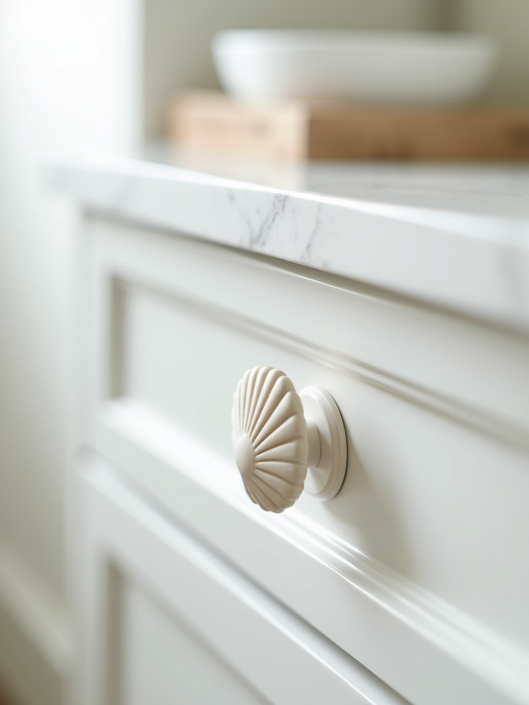 Close-up of a seashell-shaped cabinet knob on a coastal bathroom vanity drawer.