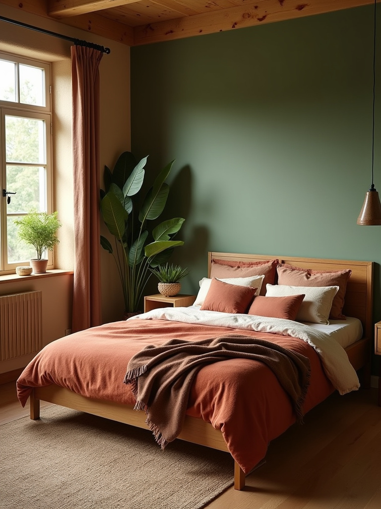 Wide shot of a cozy bedroom featuring an earthy color palette with muted green walls, terracotta and brown bedding, wooden furniture, and natural light, creating a nature-inspired and grounded atmosphere.