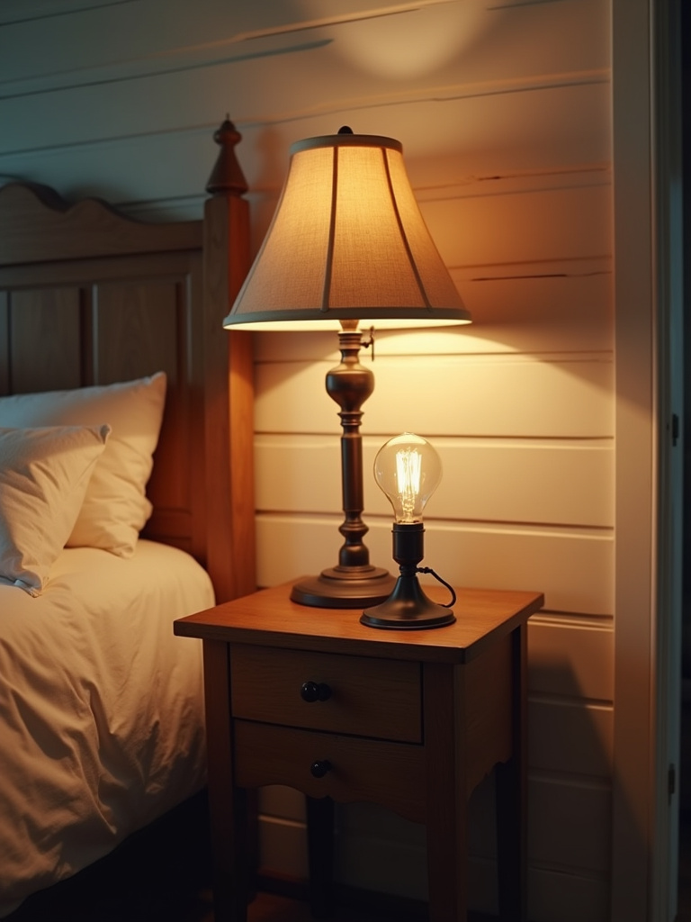 Farmhouse bedroom scene featuring Edison bulb table lamps with metal bases illuminating wooden nightstands on either side of a bed with white bedding and shiplap walls, creating a warm and cozy evening atmosphere.