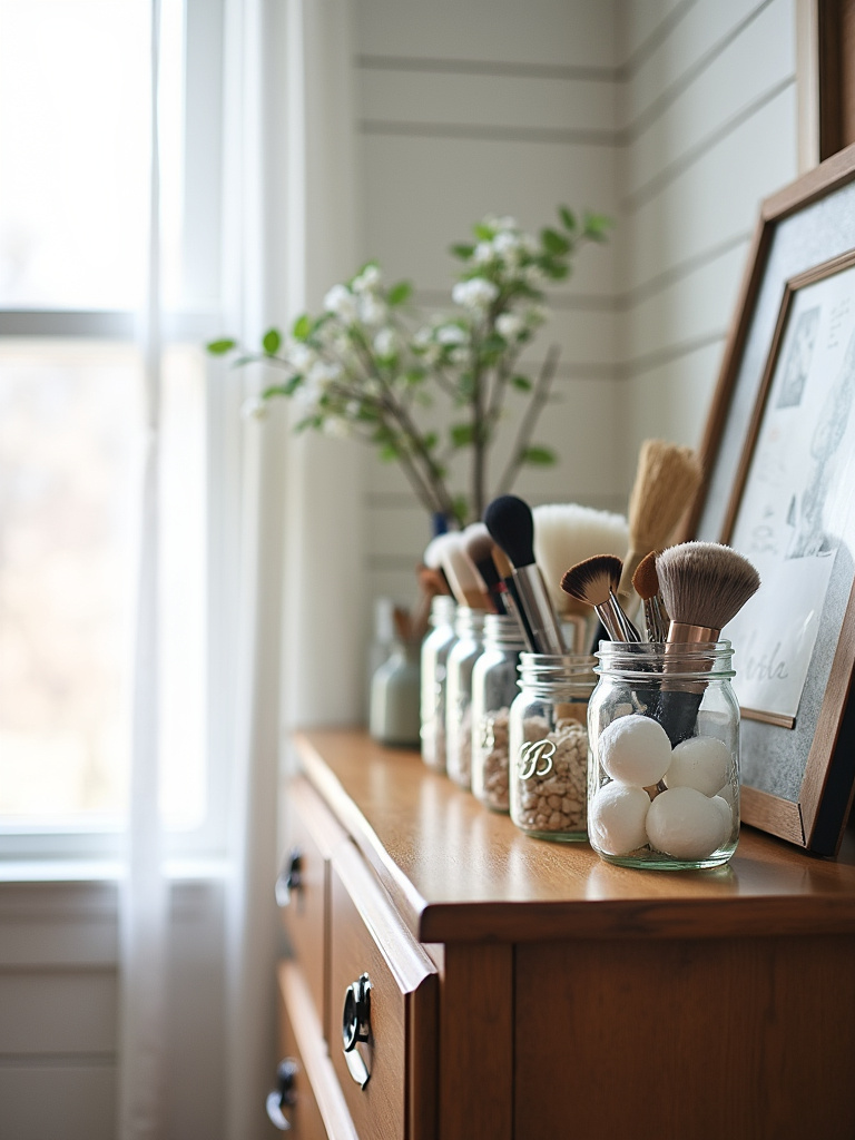 Farmhouse bedroom featuring mason jars used for decorative storage on a wooden dresser, holding cotton balls, makeup brushes, and jewelry, in a room with white shiplap walls and a neutral color palette illuminated by soft natural light.