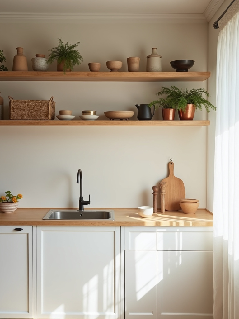 “Japandi minimalist kitchen featuring open wood shelving with a curated display of minimalist ceramics and plants, complemented by white cabinets, emphasizing intentional and sparse use of open shelving.”