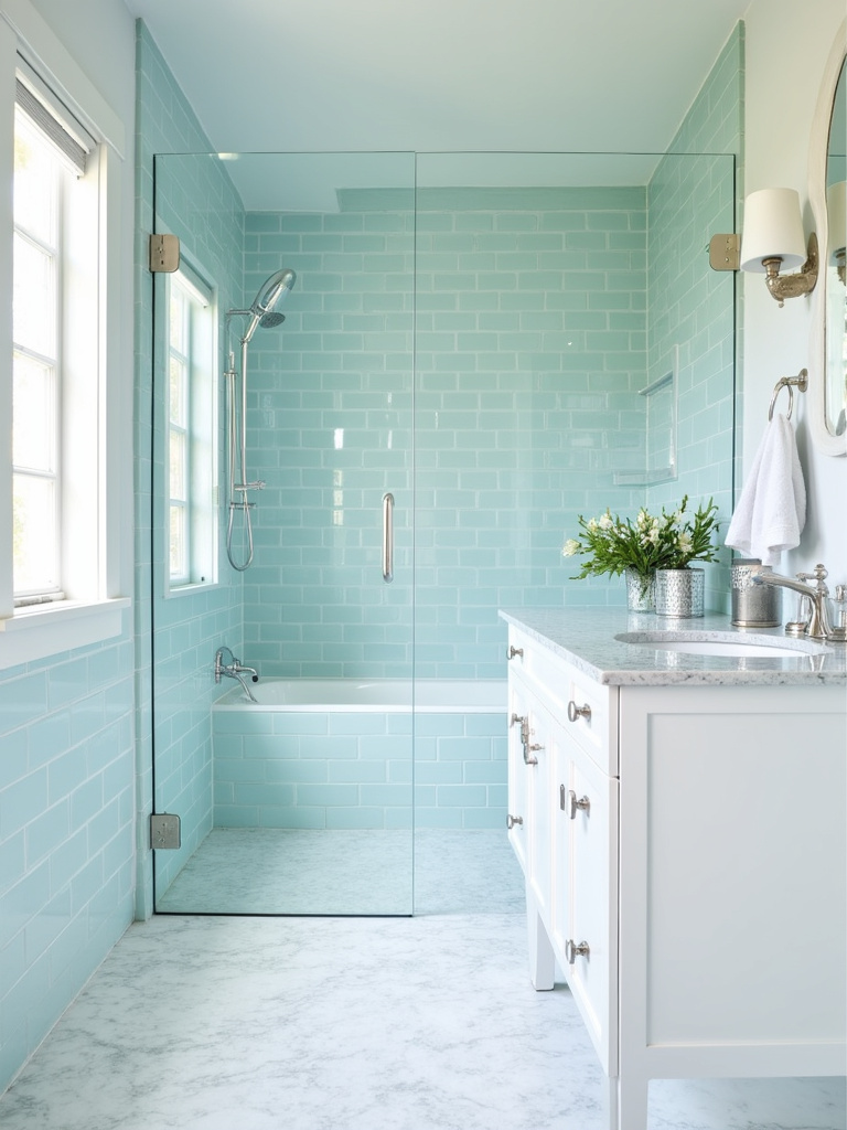 Coastal bathroom with light blue subway tile walls and a white vanity.