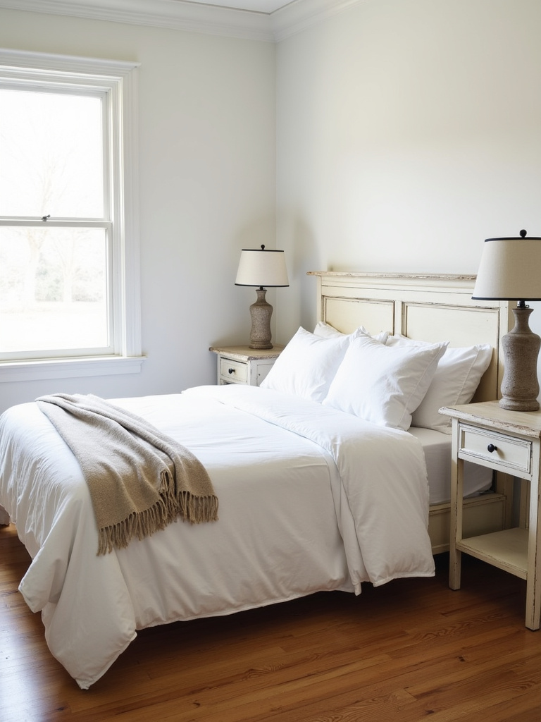 Farmhouse bedroom scene featuring mismatched vintage-inspired nightstands – one white distressed, one natural wood – flanking a bed with white bedding and linen throw, illuminated by soft morning light.