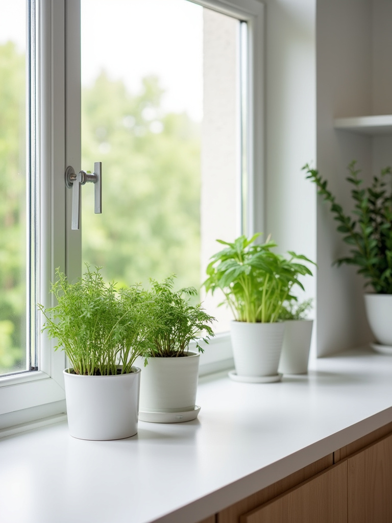 “Scandinavian minimalist kitchen featuring a small herb garden in minimalist pots on a windowsill, adding life and freshness to the space, complemented by white cabinets and light wood accents.”
