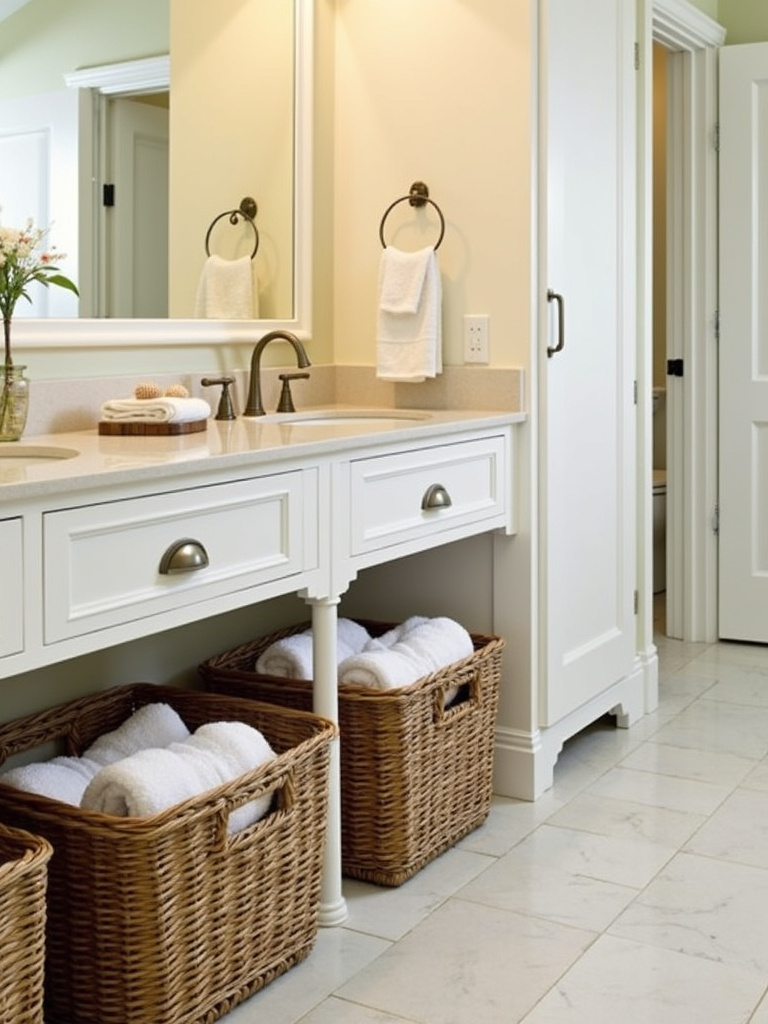 Coastal bathroom featuring woven baskets under a vanity for storage.