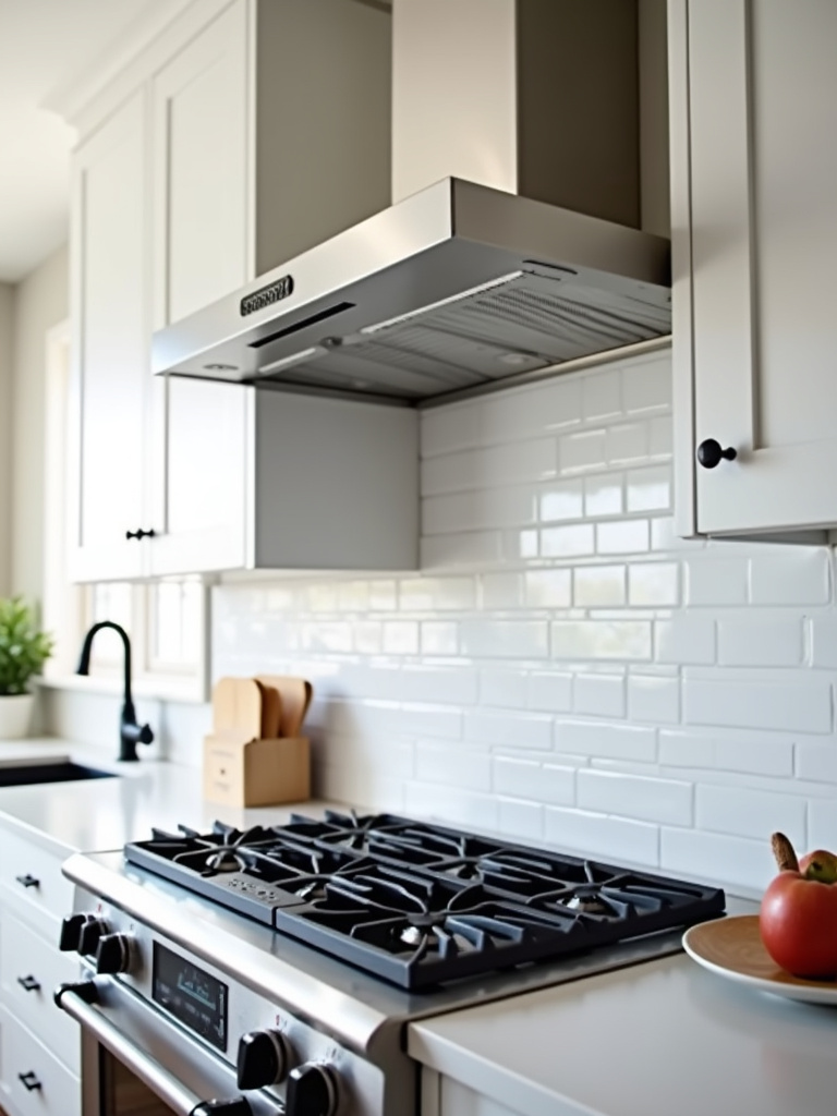 Kitchen with a stainless steel wall-mounted range hood above a gas cooktop.