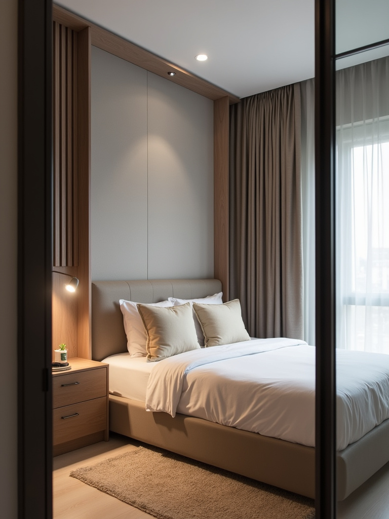 Stylish room divider screen in a studio apartment bedroom, separating the sleeping area from the living space.