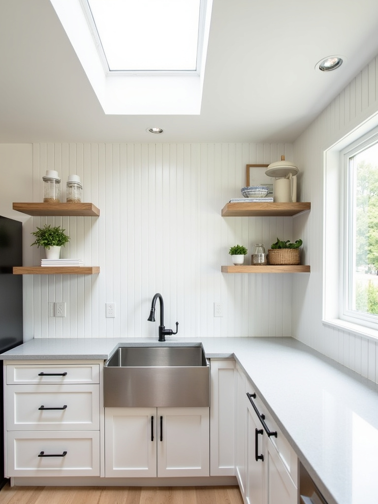 Modern farmhouse kitchen with a clean white vertical shiplap backsplash and open shelving.
