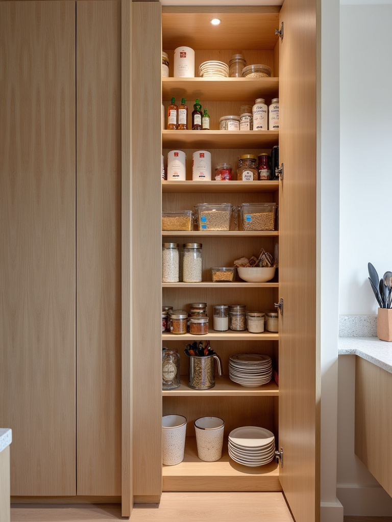 Organized kitchen pantry cabinet with tall shelves and neatly arranged food items.