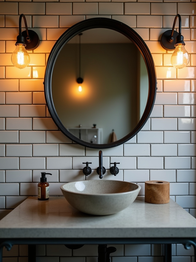 Industrial bathroom featuring a large round mirror with a black iron frame positioned above a concrete vanity, flanked by Edison bulb sconces and complemented by subway tile walls under warm lighting.
