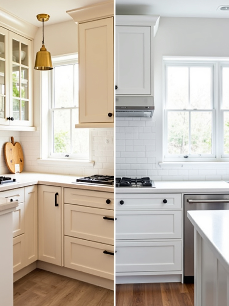 Side-by-side comparison of a warm white kitchen with cream cabinets and a cool white kitchen with crisp white cabinets, illustrating the difference in white paint undertones and their effect on kitchen ambiance.