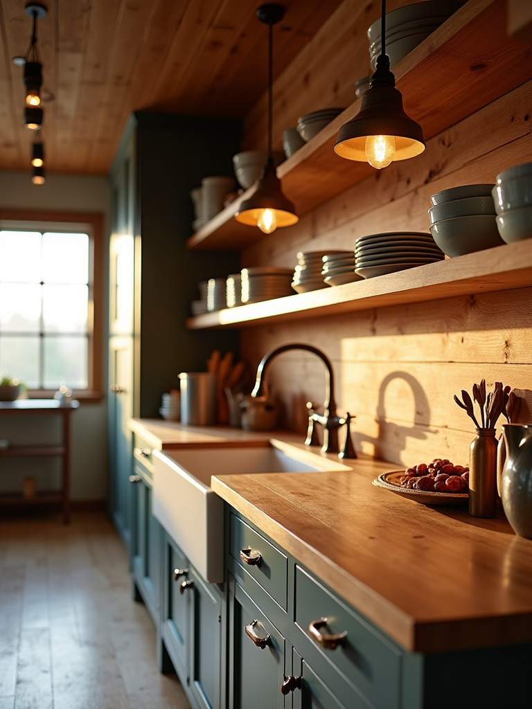 Cozy farmhouse kitchen with a warm reclaimed wood plank backsplash and butcher block countertops.
