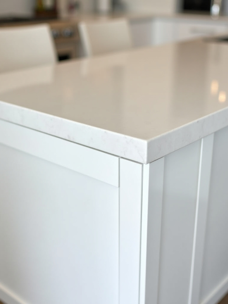 Modern white kitchen island featuring a white quartz waterfall countertop edge, showcasing the seamless and contemporary design detail.