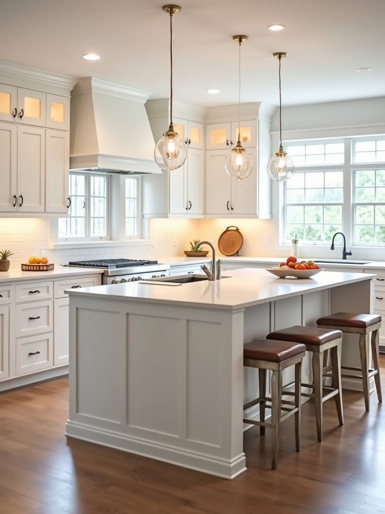 Functional and stylish white kitchen island with seating, showcasing the island as a casual dining and gathering spot in a bright white kitchen.