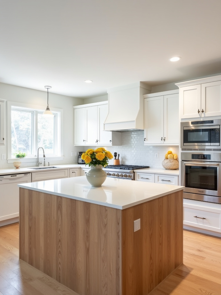 Balanced white kitchen design incorporating natural wood elements, featuring a warm wood-clad kitchen island that adds organic texture and warmth to the predominantly white space.