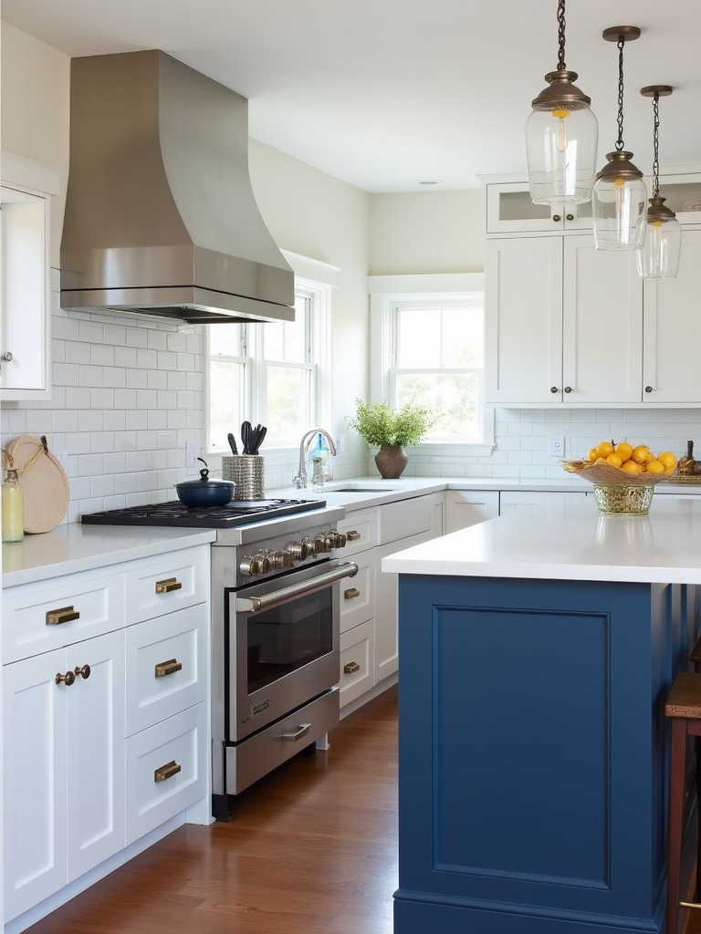 Bright white kitchen with a navy blue kitchen island as a pop of color accent, creating visual interest and a focal point in the white space.
