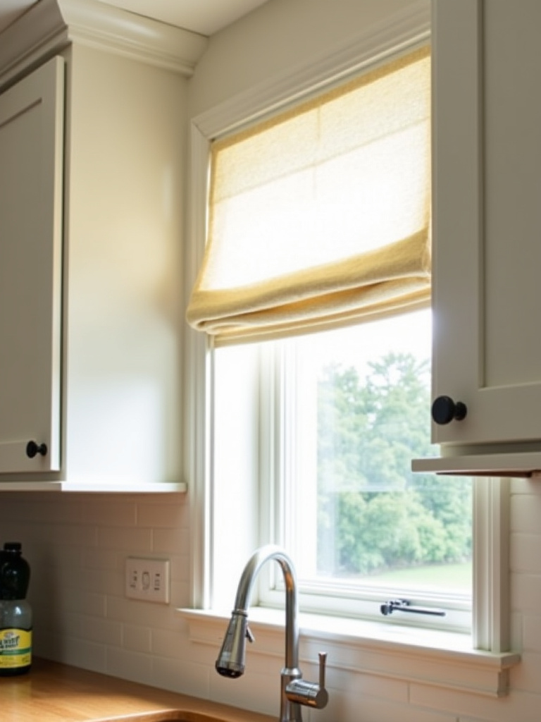 Kitchen with light filtering roman shades on the window and natural light.