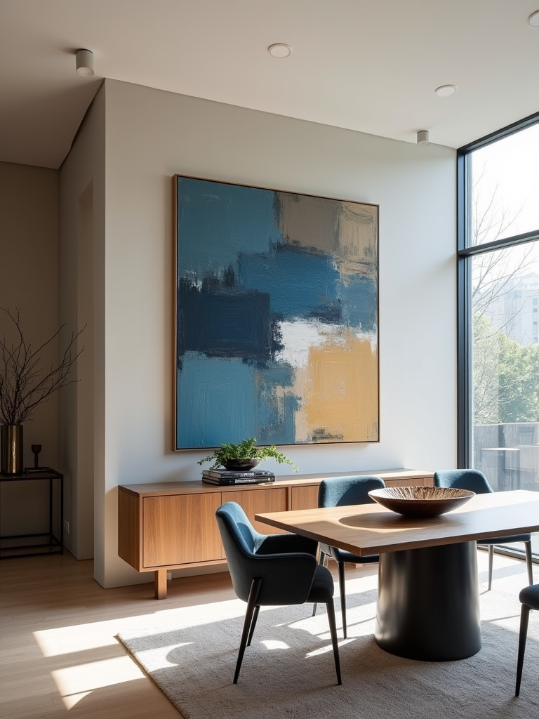 Modern dining room with a large, conversation-starting abstract painting in blue, ochre, and white.