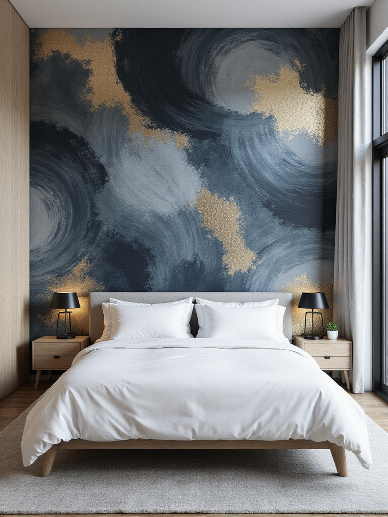 Modern bedroom with abstract navy, grey, and gold wallpaper