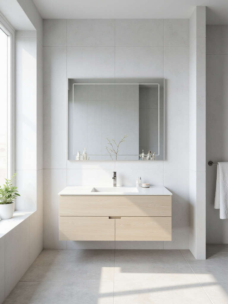Modern bathroom with large rectangular frameless mirror above a floating vanity.