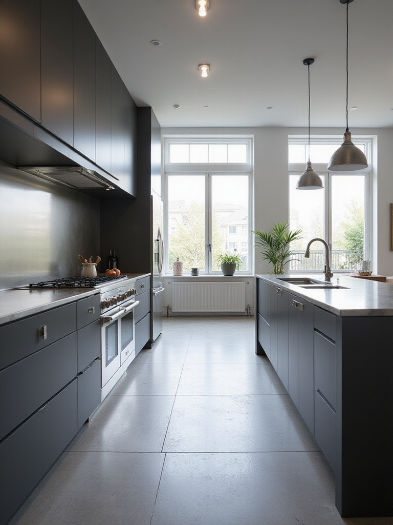 Modern kitchen with stainless steel appliances and countertop