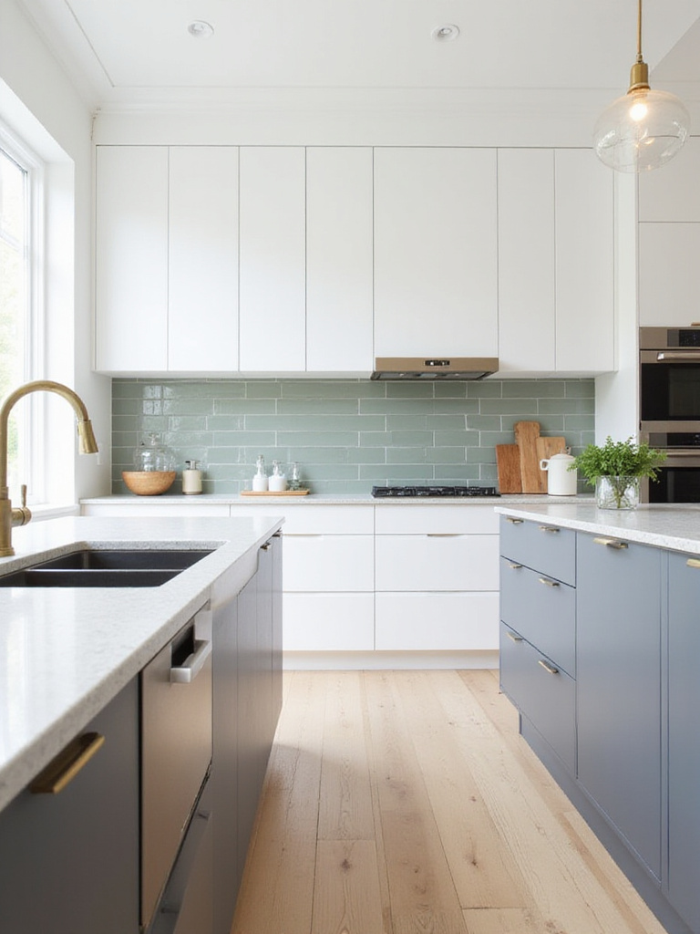 White kitchen cabinets with dark grey island and green subway tile backsplash demonstrating easy trend adaptation.