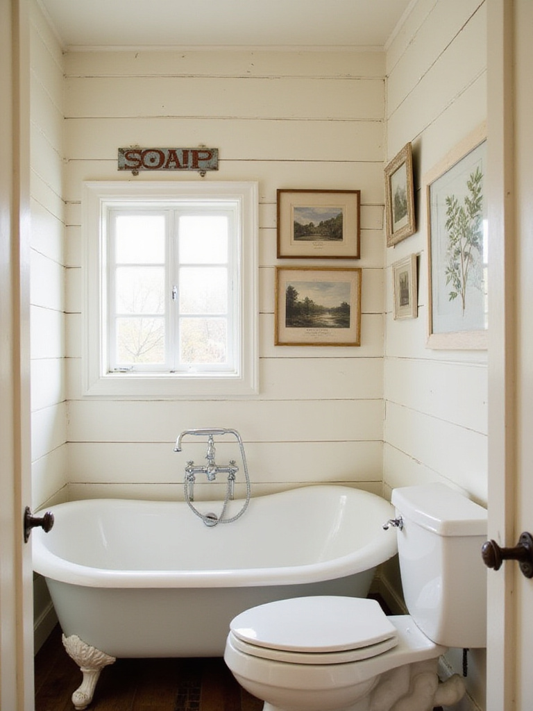 Rustic bathroom with vintage signs and artwork gallery wall