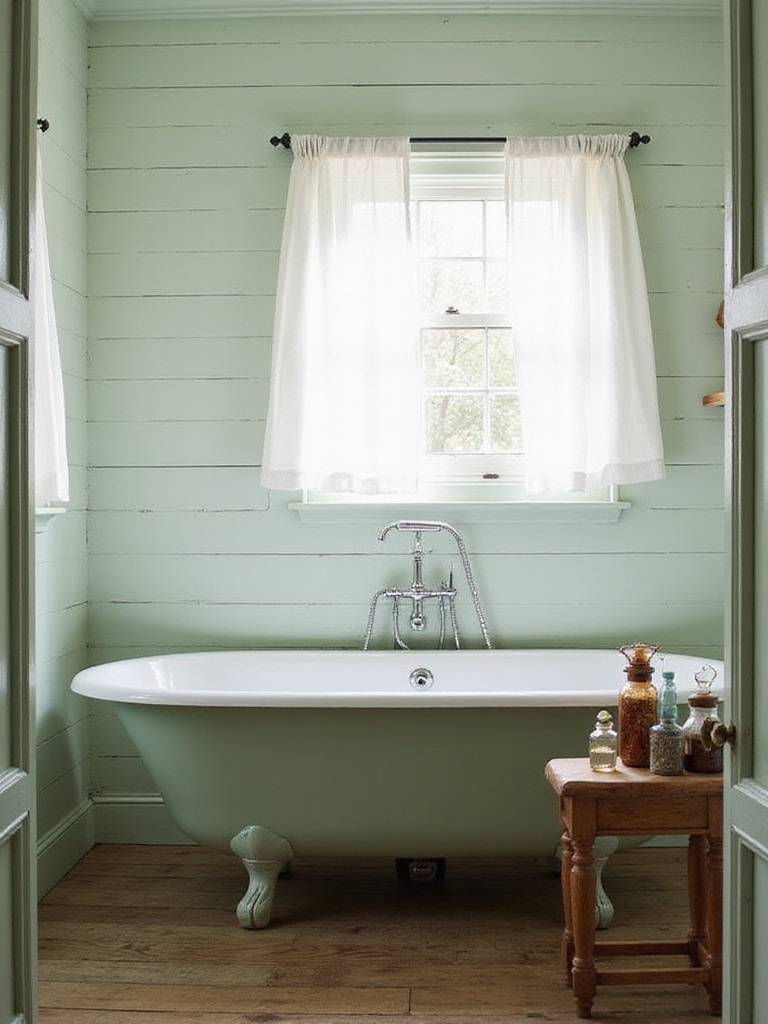 Cottagecore bathroom with sage green shiplap wall paneling
