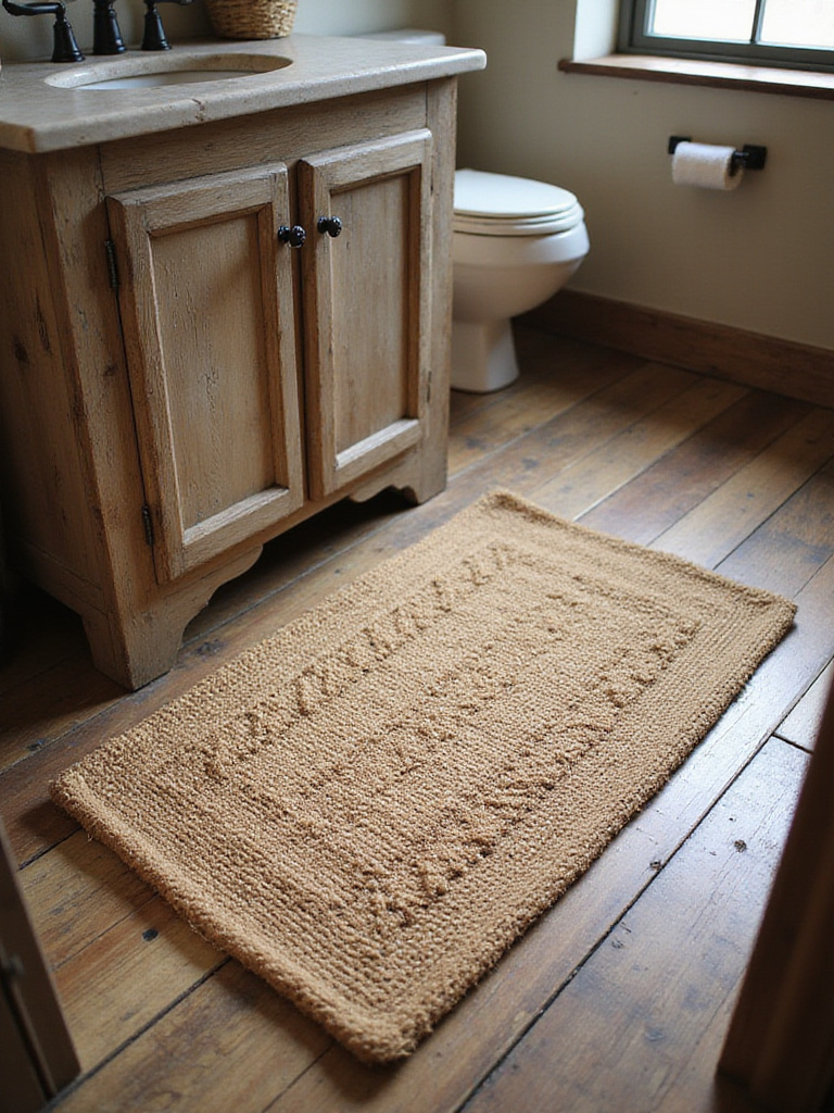 Rustic bathroom with a natural jute rug in front of a wooden vanity.